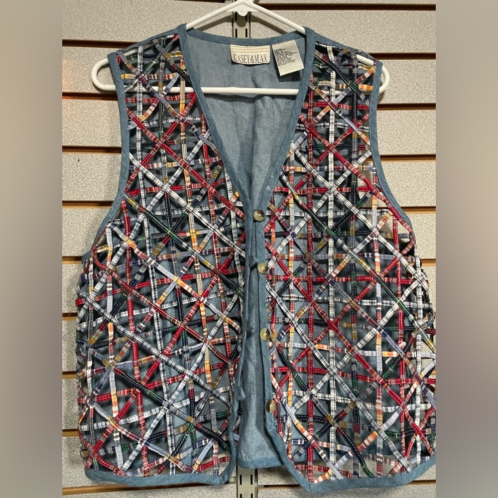 Casey & Max |Denim Vest Lattice Work Quilt Cottagecore Large Cotton Plaid Vtg